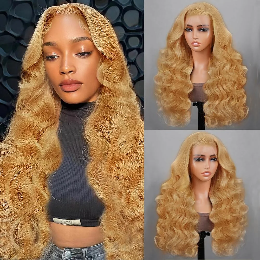 Honey pirang 13x6 HD Wig Frontal renda rambut manusia berwarna 27 # Wig rambut manusia gelombang tubuh untuk wanita 13x4 Wig renda obral cuci gudang