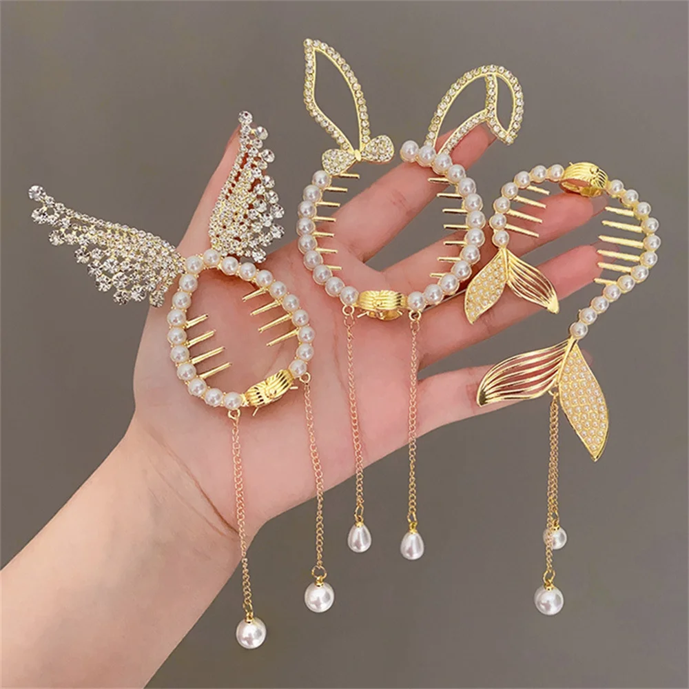 Pearl Tassel Rhinestone Hair Clasp Bun Maker Hair Claw Girls High Ponytail Clip Temperament Hair Buckle Headdress Accessories