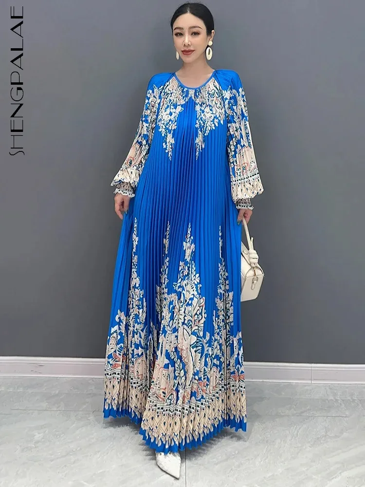 SHENGPALAE Printed Pleated Long Dress With Round Neck 2024 New Summer Long Sleeve Elegant Loose Beautiful Women's Dresses 5C1297