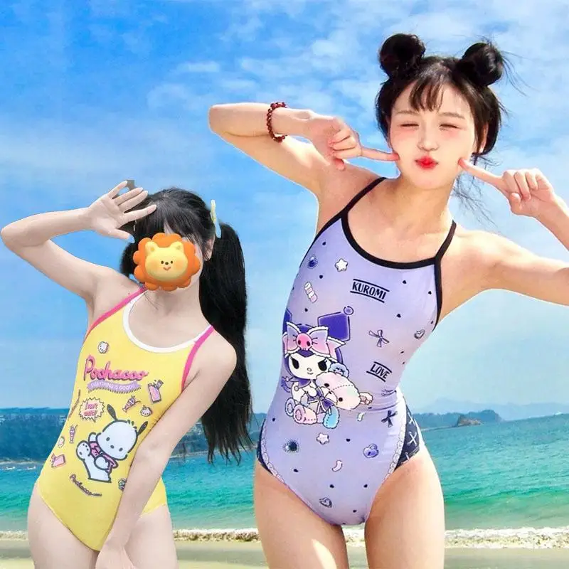 

Sanrios Women's Swimsuit Kuromi Anime Swimsuit Professional Training Integrated Spa Swimming Bathing Suit Girls Swimwear Cute