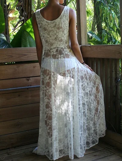 Повседневное белое кружевное платье F4443, длинные пляжные платья без рукавов с V-образным вырезом