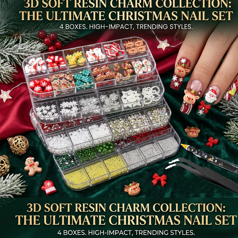 1Box Cute Cartoon Christmas Nail Art Charms 3D Santa Claus Snowflake Gingerbread Man Bow Beads Rhinestones Xmas Nail Decorations