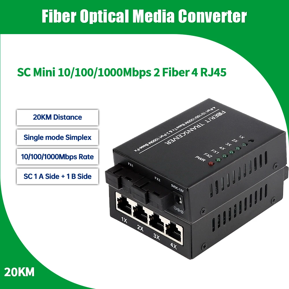 

Mini 1.25G 20KM 2 SC Fiber Ports 4 RJ45 Port 10/100/100MBPS Fiber Transceiver Media Converter Single Mode Single Fiber 1pcs