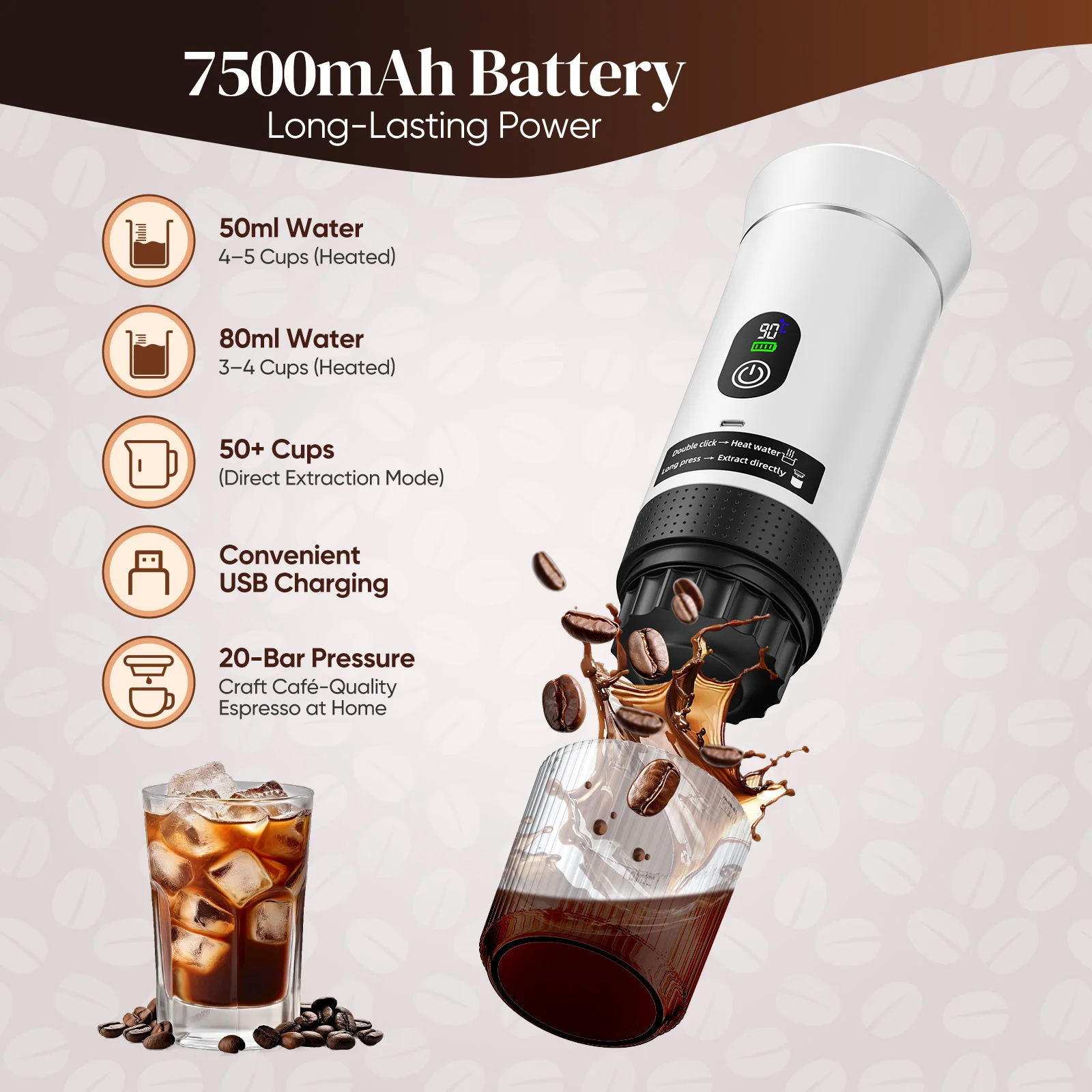 Cafetera Portátil de 80 ml y 20 Bares con Autocalentamiento, Cafetera Espresso Recargable para Llevar con Pantalla LED