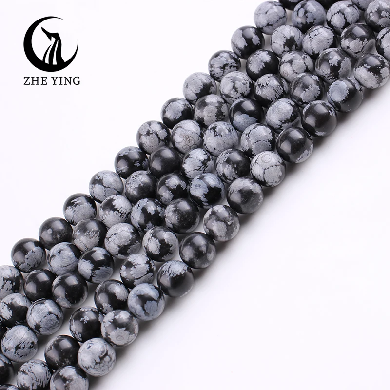 Zhe Ying Natural Snowflake Obsidian Beads Round Smooth Loose Stone Beads for Jewelry Making Diy Accessory