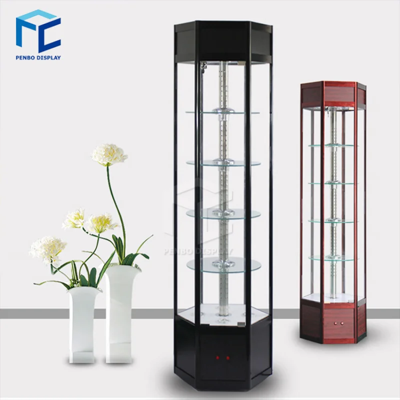 2025customized.Hexagon Rotating Display Showcase with Lights, Revolving Glass Cabinet Shop Display