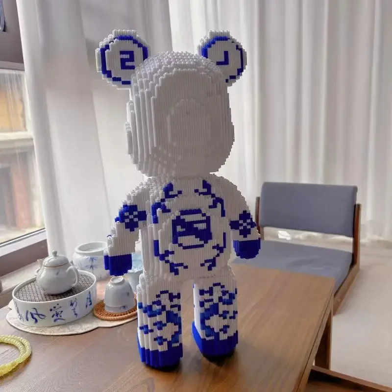 Chinese Style Blue and White Porcelain Violent Bear Building Block Small Particle Assembly Children\'s Puzzle Toy