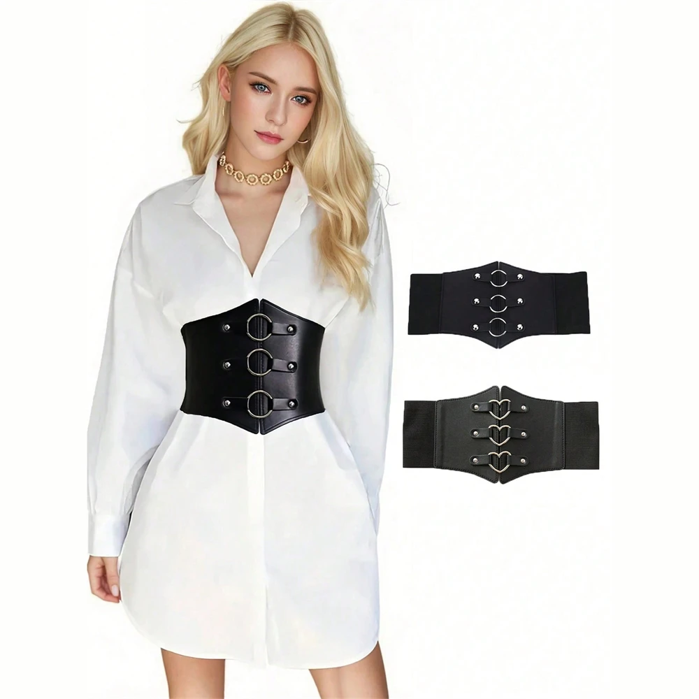 

1 шт. модный корсетный ремень с тройной пряжкой и черными заклепками, эластичный пояс с осами, женский идеально подходит для пальто