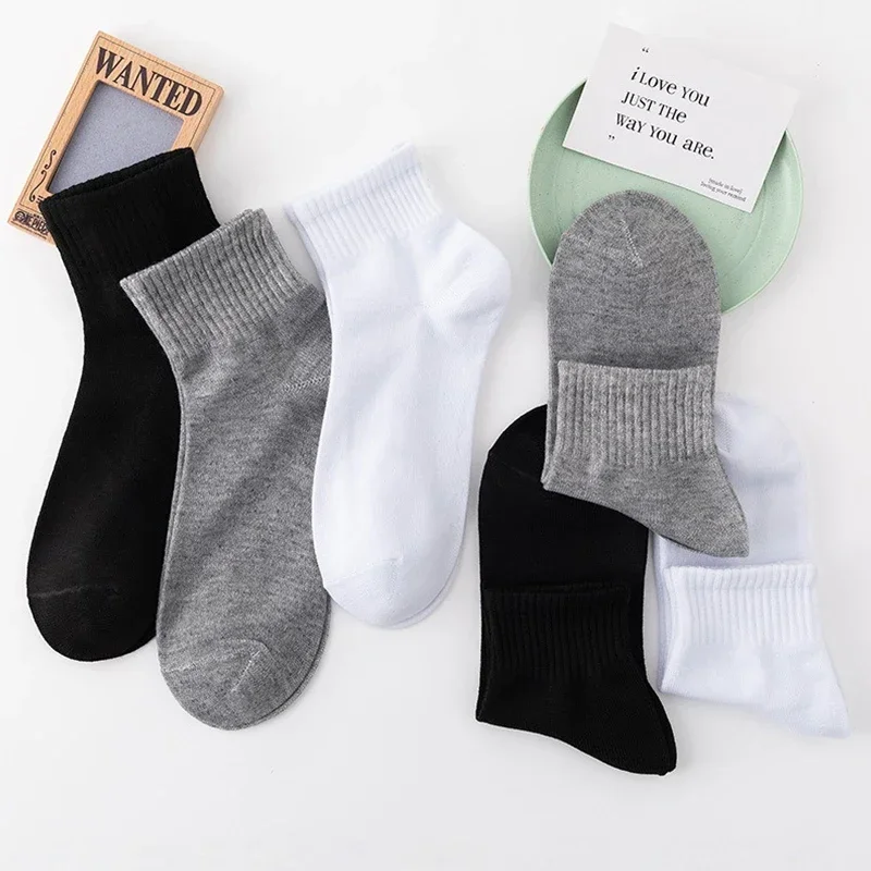 5 Pairs/Lot Men's Solid Color Socks Black White Business Casual Simple Versatile Breathable Cotton Sports Mesh Short Socks