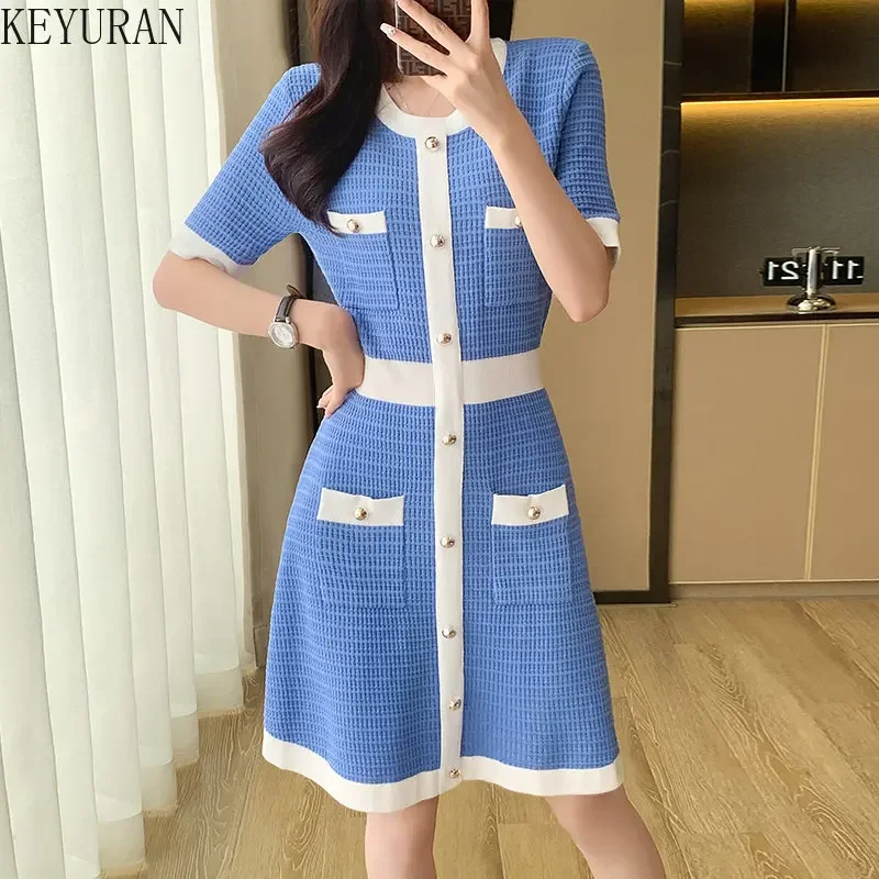 

2024 summer knitted Dress Women New Sexy Elegant Vestidos Black/Blue Short Sleeve Korean Fashion Knitting Dresses Woman Clothes