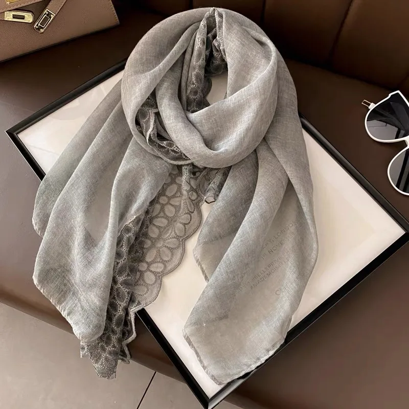 Linen Cotton Wrap shawl Women Scarf 2024 Spring Summer Thin Flod long Scarf Lace Contrast Color Female Head Neck Classic HIjab