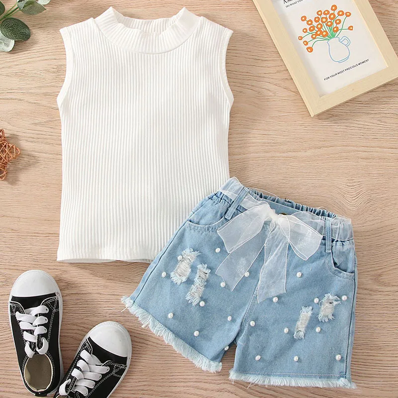 

2Piece Sets Summer Toddler Girl Clothes Korean Fashion Sleeveless Cotton White Tops+Denim Shorts Boutique Kids Clothing B230