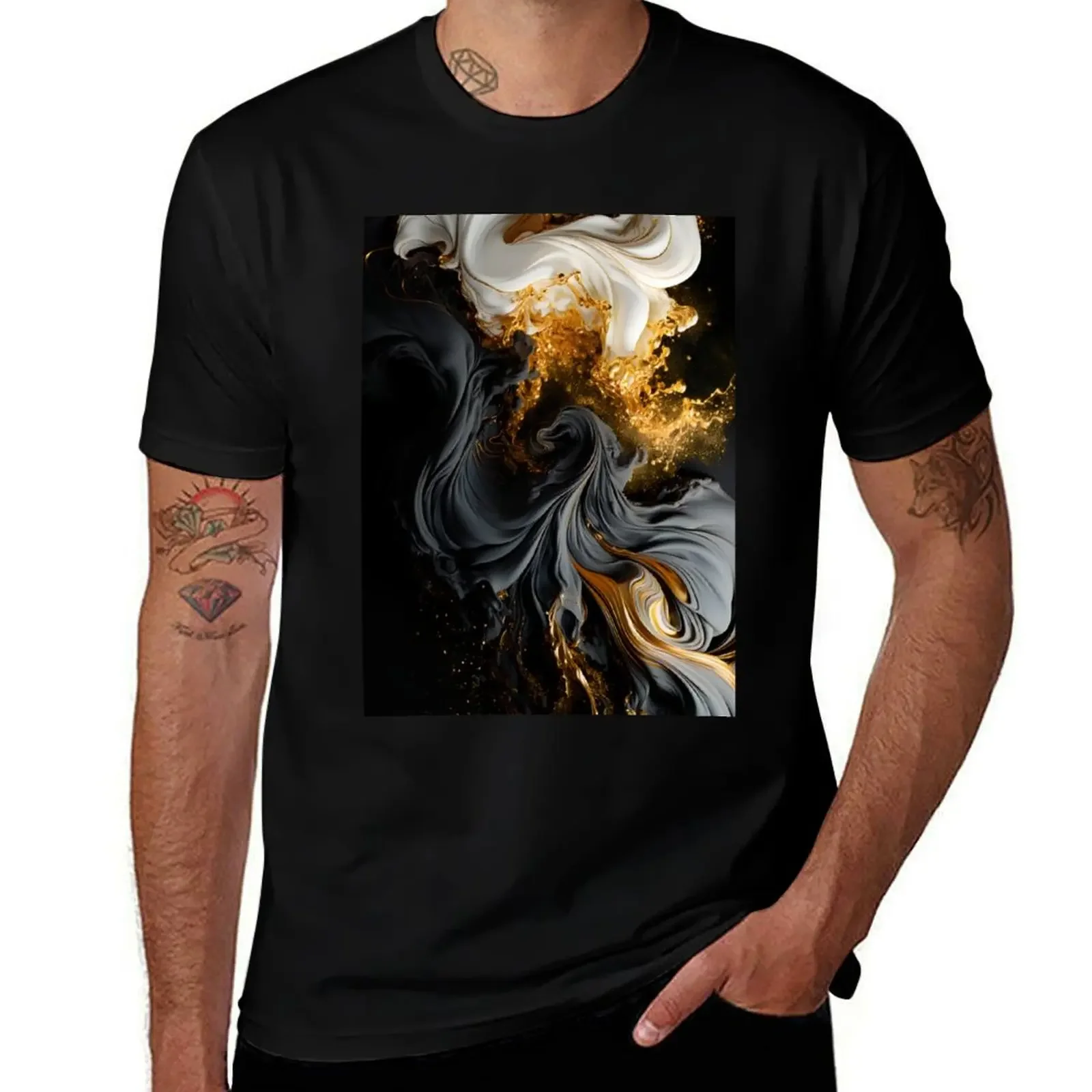 

White, Gold & Black Abstract Glamor Cosmic Contrast T-Shirt anime figures oversized essential t shirt men tshirt