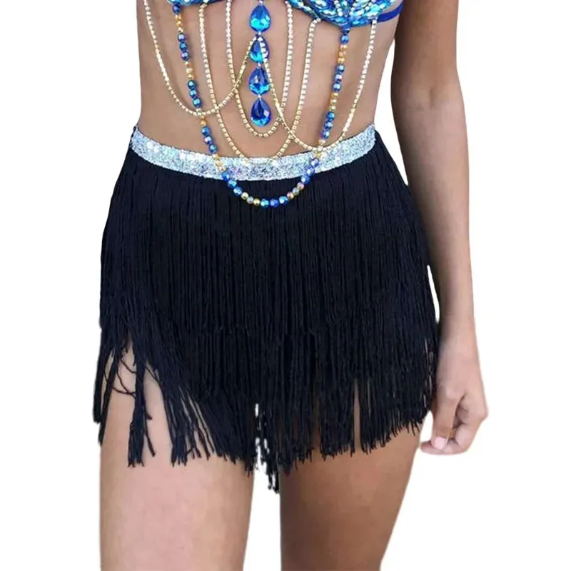 Sexy Women Sequin Tassel Tutu Rave Fringe Belly Dance Hip Scarf Wrap Mini Skirt Club Party Clothing Stage Show