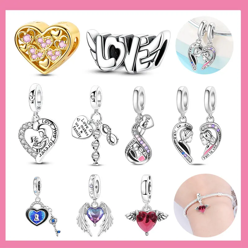 

925 Sterling Silver Golden Couple Heart Angel Wings Charms Beads Pendant for Original Bracelet Woman Girl Jewelry