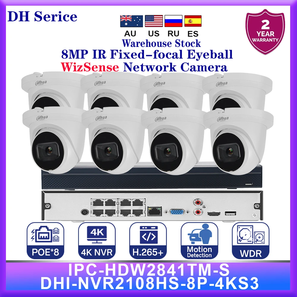 Dahua Serice 4K 8MP 8PCS IPC-HDW2841TM-S IR Fixed-focal Eyeball WizSense Network Camera 8ch 8poe DHI-NVR2108HS-8P-4KS3 NVR Kits