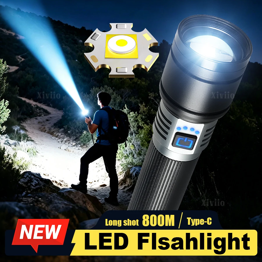 2026 Portable Handheld Flashlight 5 Modes Type-C Rechargeable LED Torch Tactical Lantern IP44 Waterproof With Battery display