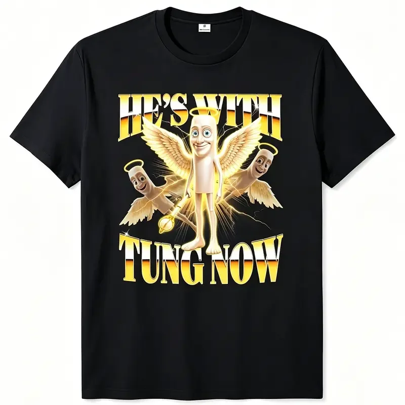 Men's Meme T-Shirt He's With Tung Tung Tung Sahur Funny Angel Viral Everyday Wear, Buttery Soft Cotton, Breathable Easy Care Fabric, Classic Crewneck Relaxed Fit, Durable Reinforced Stitching, Wash-and-Wear No Shrinking.