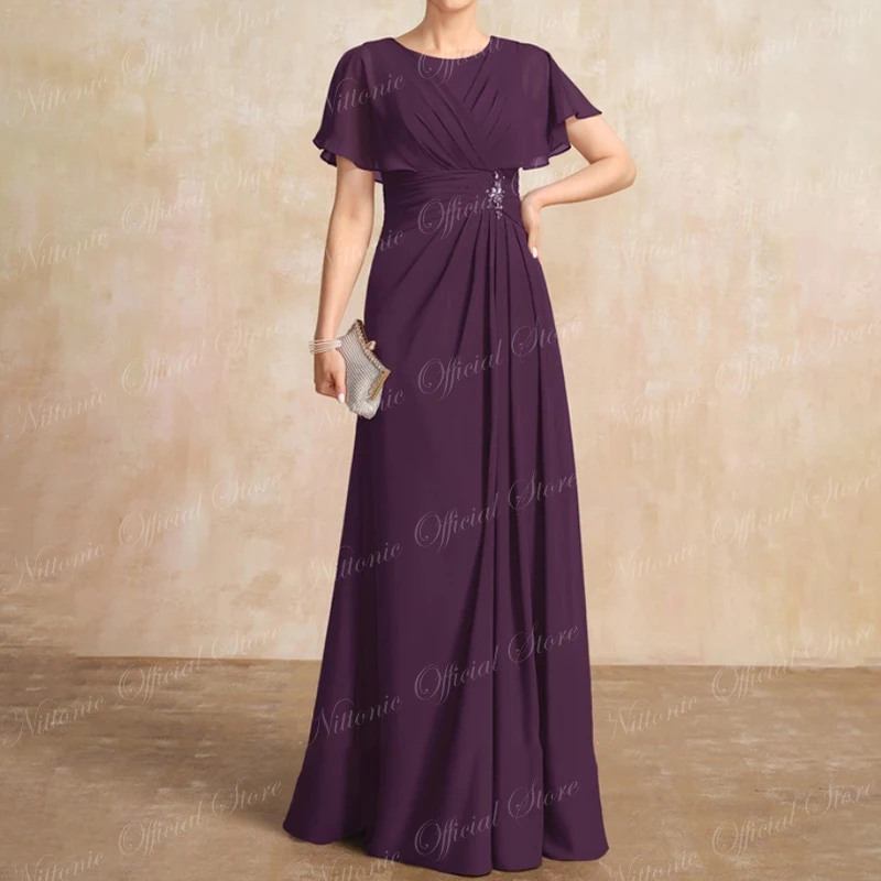 Long Beads Mother of the Bride Dress Chiffon O-Neck Floor-Length A-Line Wedding Guest Party for Women 2023 Formal Evening New