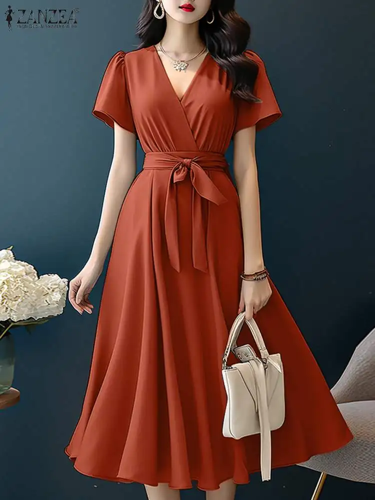 Stylowa sukienka damska ZANZEA Summer V Neck Short Sleeve Sundress Elegant Solid Robe Female Stylish A Line Loose Vestidos