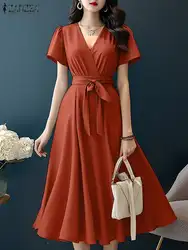 Stylowa sukienka damska ZANZEA Summer V Neck Short Sleeve Sundress Elegant Solid Robe Female Stylish A Line Loose Vestidos