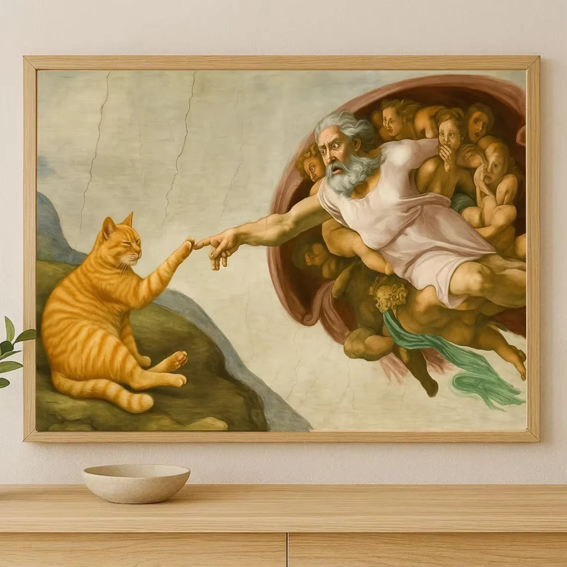 DIY Funny Creation of Adam Orange Tabby Cat Diamond Painting, Classic Art Inspired God Hand Touch Wall Art Home Decor Gift