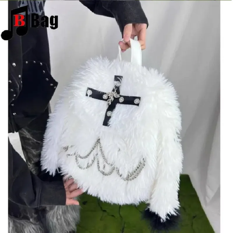 

Готическая сумка-рюкзак в стиле Лолита JK Harajuku для женщин и девушек, панк-стиль, на одно плечо, с пушистыми кроличьими ушками, цепочкой, звездой и крестом, милый дизайн, Y2K