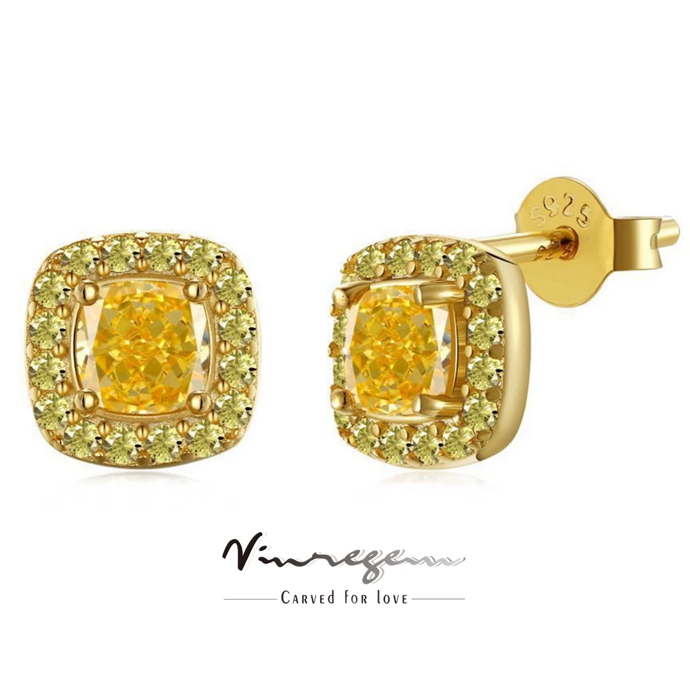 

Vinregem 4*4 MM Crushed Ice Cut Citrine Gemstone Studs Earrings for Women 18K Gold Plated 925 Sterling Silver Jewelry Wholesale