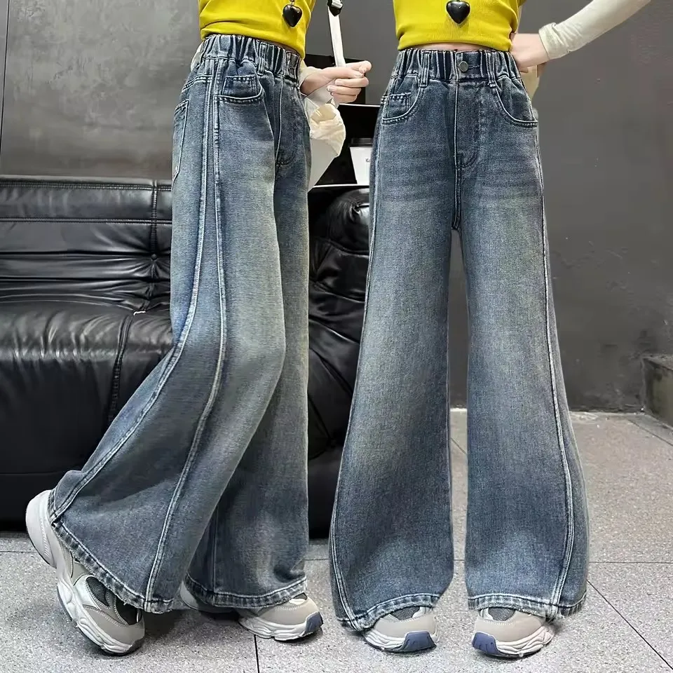 

Новые детские стильные широкие и расклешенные джинсы для девочек, модные повседневные джинсовые брюки для подростков, детские повседневные джинсовые брюки для детей 5 6 7 8 9 10 11 12 13 14 лет