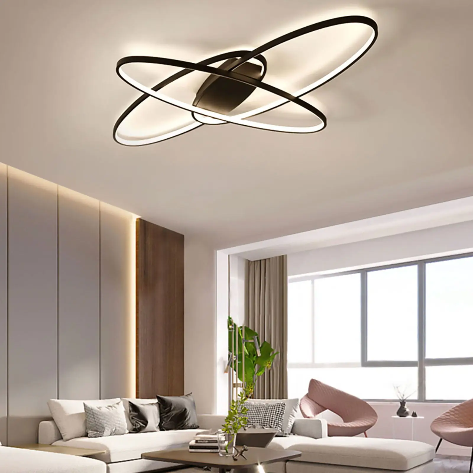 

Modern Black/White 3 Staggered Long Ellipses LED Ceiling Light with Remote Control for Dining Room Bedroom