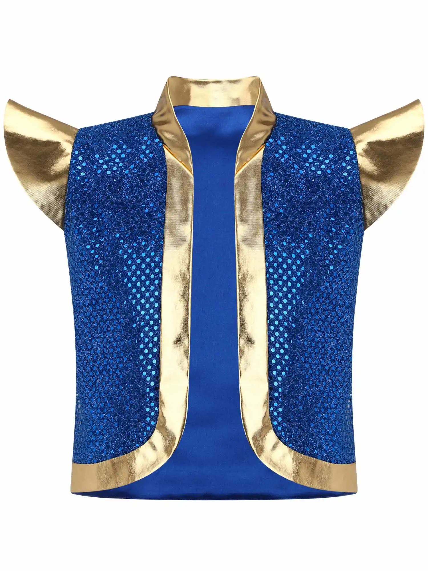 

2Pcs Boys Arabian Prince Outfits Metallic Shiny Sequins Vest with Elastic Waistband Patchwork Pants for Halloween Carnival Party