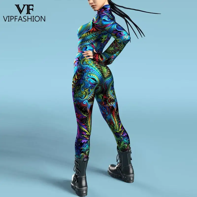 VIP FASHION Abstract Art Cosplay Costume for Woman Holiday Party Jumpsuit Sexy Zentai Bodysuit 12% Spandex Front Zipper Suits