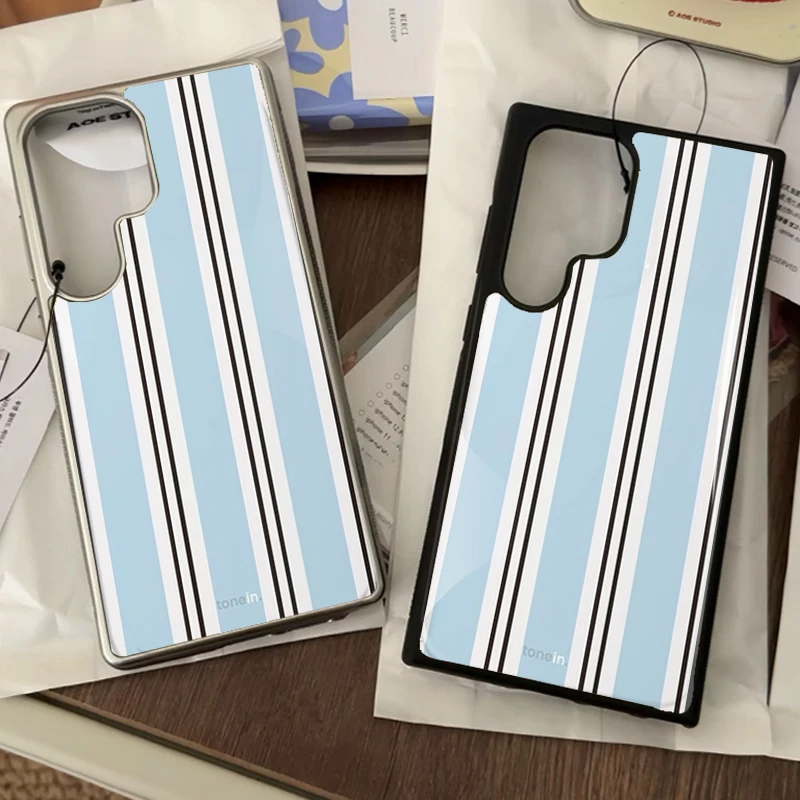 ins Blue vertical stripes Epoxy Phone Case Anti-drop For Samsung Galaxy 23/24/25/33 PLus FE ULTRA EDGE