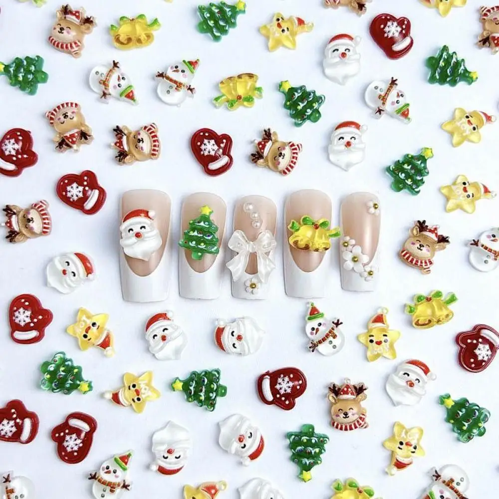 Cartoon Painted Christmas Trees Gloves Snowman Nail Charms Cute Kind Santa Claus Resin Christmas Style Nail Art Decoration DIY