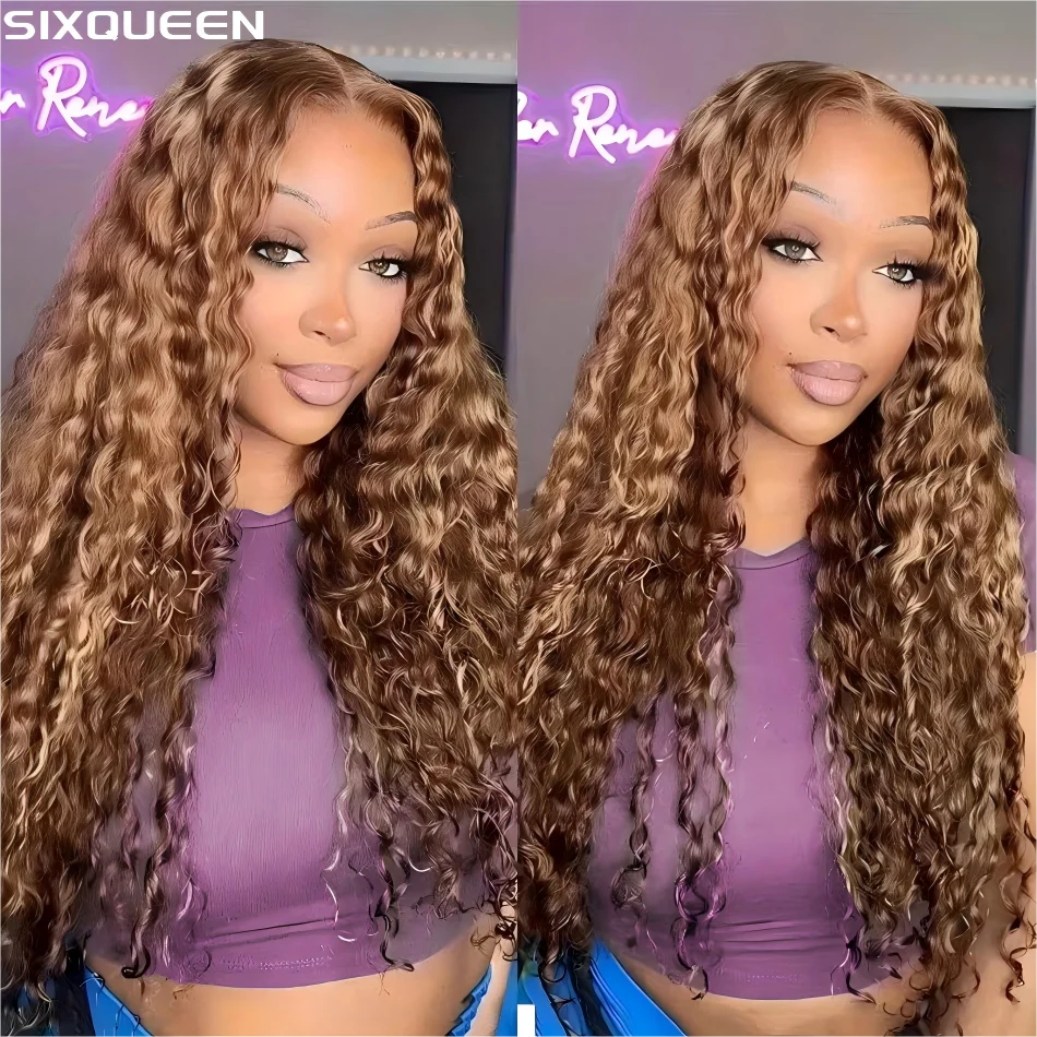 

4/27 Highligh Deep 13X6 Hd Парик фронта шнурка Человеческие волосы Волна воды Кружевные фронтальные парики 30 дюймов 220 Плотность Вьющиеся парики для чернокожих женщин