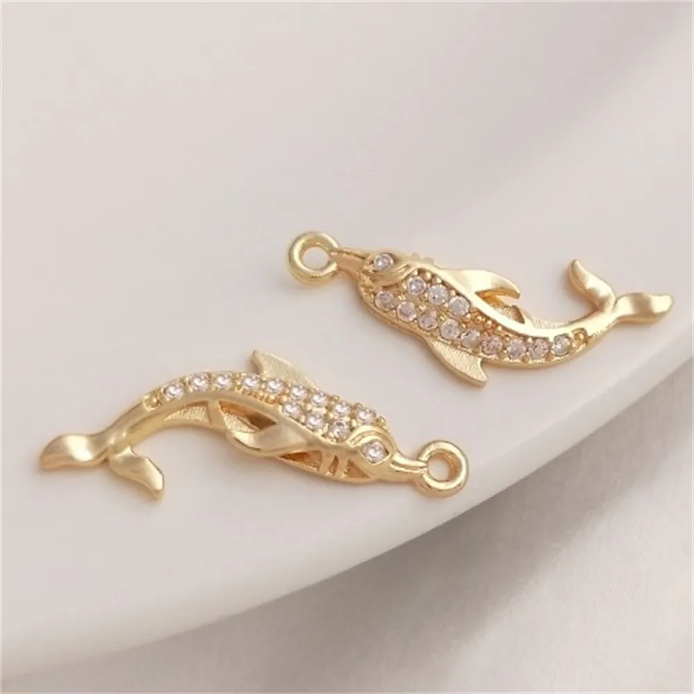 14K Gold-filled Micro-inlaid Zircon Dolphin Pendant, Whale Pendant, DIY Handmade Jewelry, Bracelet, Necklace Charm K325