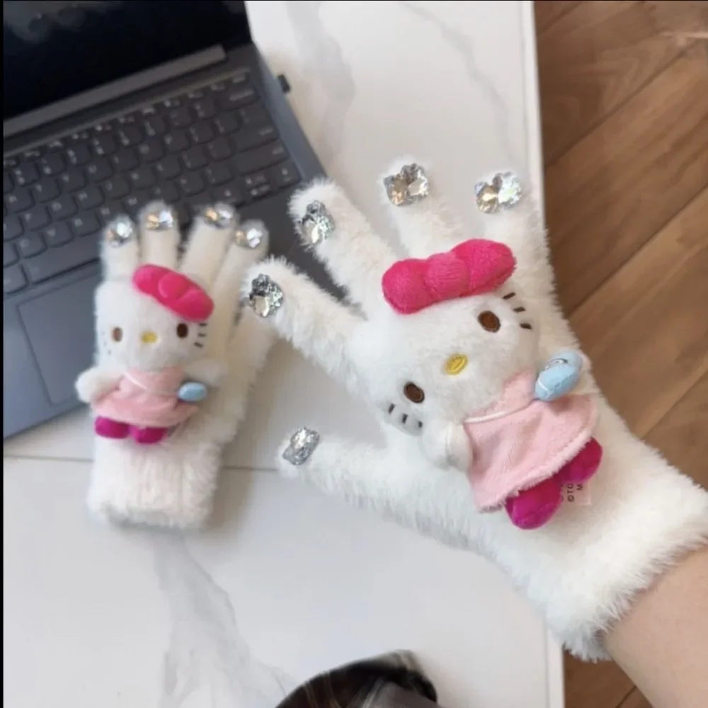 Hello Kitty Sanrio Plush with Diamond Manicure Knitted Gloves Winter Thick Warm and Cold Resistant Personality Cycling Glove