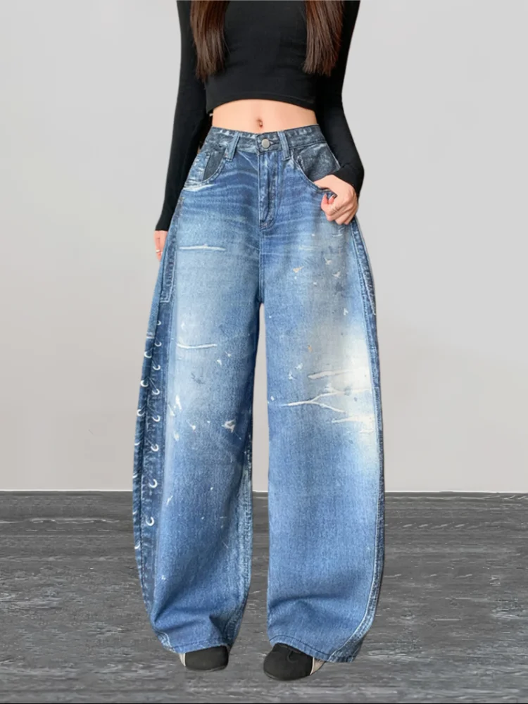 

2025 г. Американский ретро стиль Y2K с 3D принтом, синие мешковатые женские джинсы, брюки, уличная женская одежда, широкие джинсовые брюки