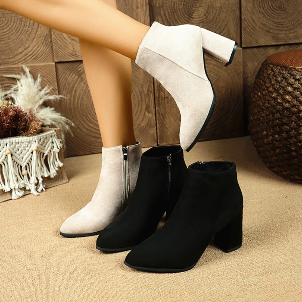 

Осень/зима, новый стиль, модные удобные женские ботинки с острым носком на массивном каблуке и боковой молнией
