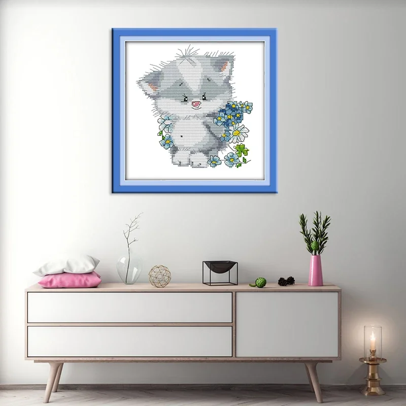 Joy Sunday Cross Stitch Lovely Little Cat Presents A Bouquet 11/14CT DMS Pattern DIY Needlework Children's Room Decoration Sets