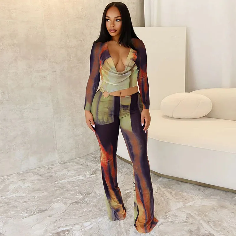 

Sexy Printing One Piece Jumpsuit Women Birthday Nightclub Party Long Sleeve V-neck Hollow Out Flare Pants Rompers and Jumpsuits