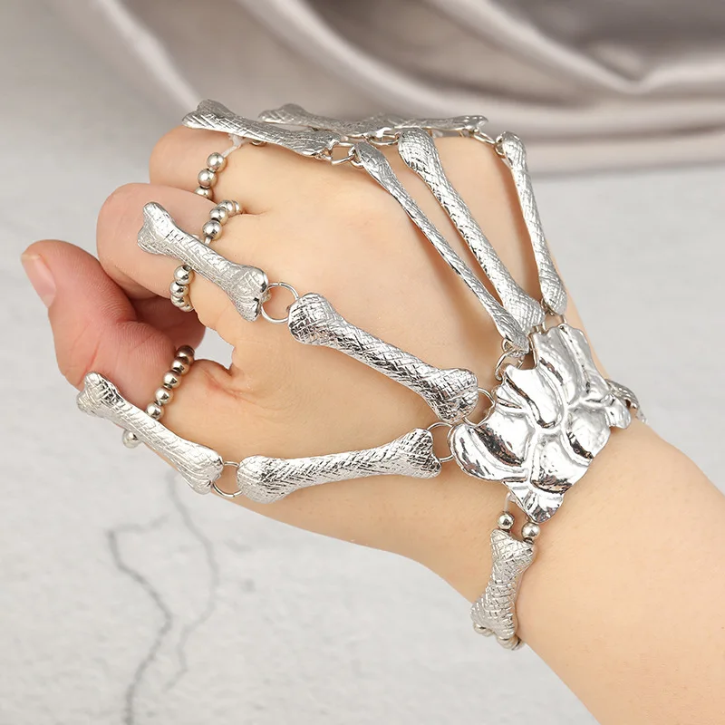 Halloween fashion and creative skull skeleton punk style funny finger chain with exaggerated metal bones