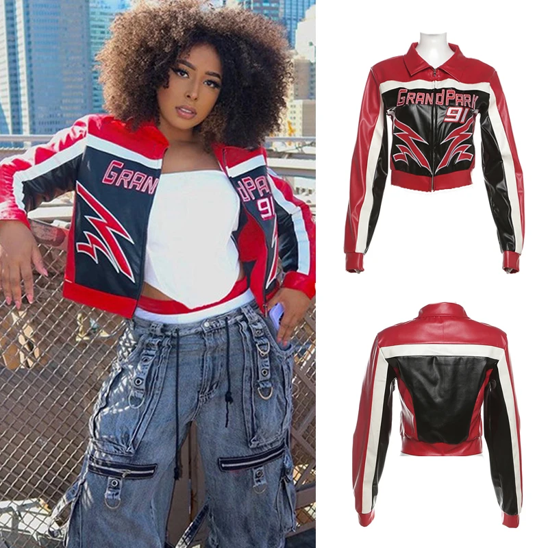 2025 Women Fashion Pu Leather Jacket Pring Autumn Letter Print Casual Sporty Wild Hipster Streetwear Female Faux Leather Coat