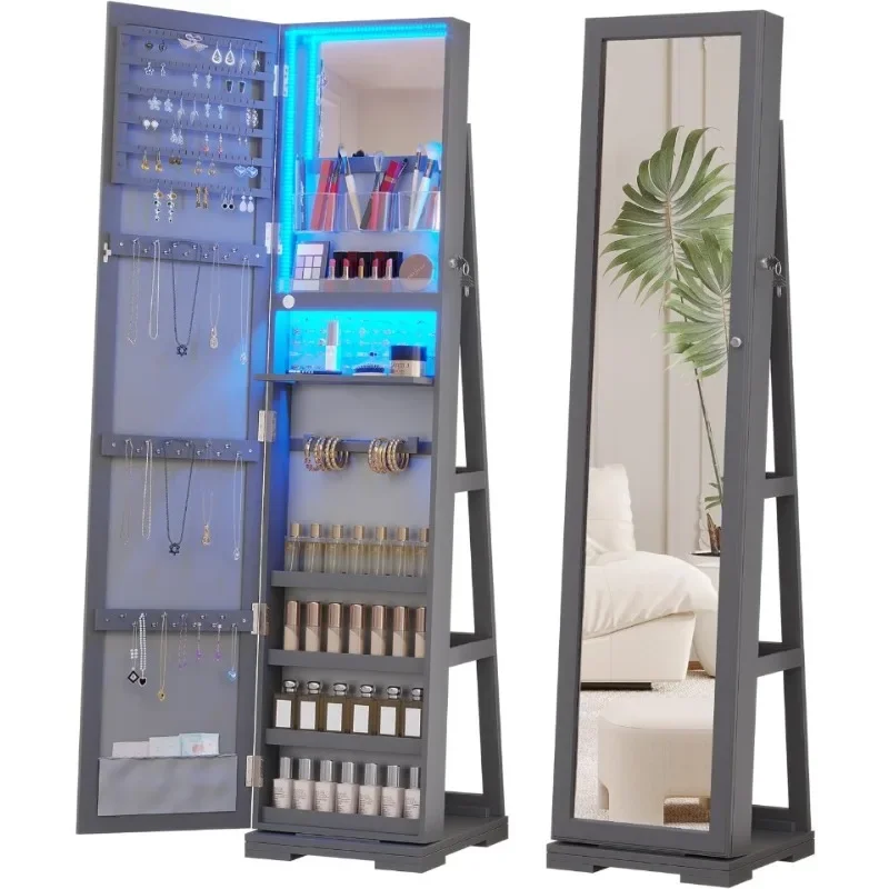 

LED Jewelry Armoire with Full Length Mirror, Lockable Mirror with Storage with 3 Color Lights, 360° Swivel Jewelry Cabinet