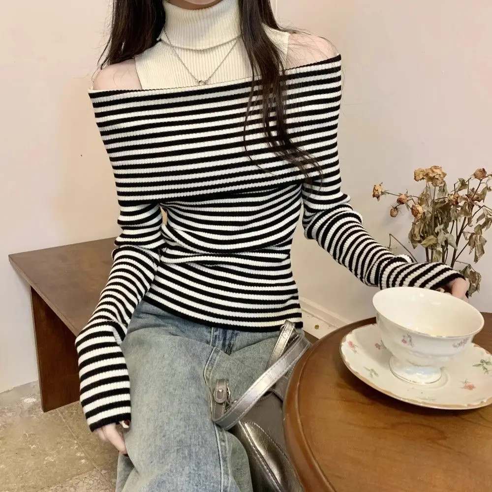 Women Two‑piece Knit Top Halter Off‑shoulder Long Sleeve Striped Spliced Vest Chic Spring Slim Lady Knitted Blouse