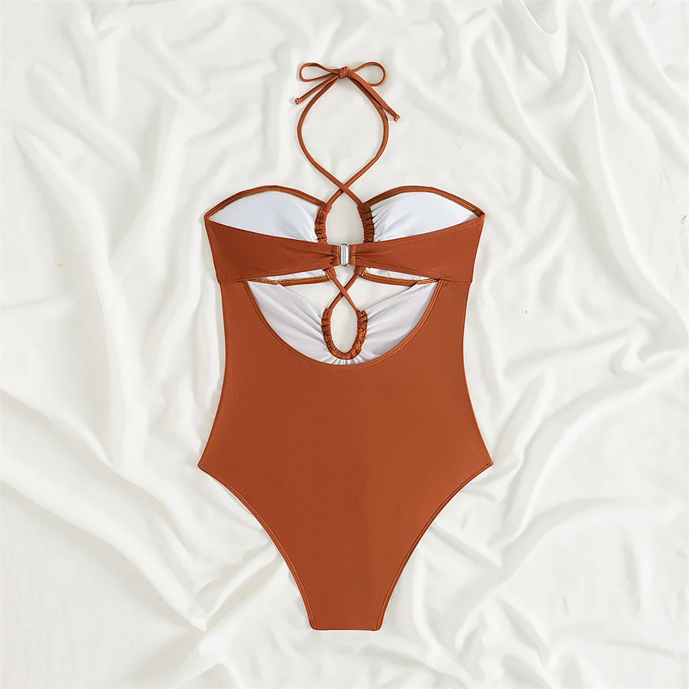 Extreme String Halter Bikini Hollow Out Backless Swimsuit Drawstring Pleated Monokini Women Vacation Swimwear Beach Bathing Suit
