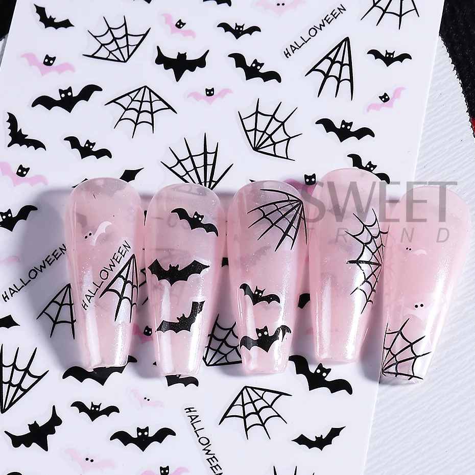 2 Stück Halloween-Nagelkunst-Aufkleber im dunklen Stil mit Skelett-Handabdruck, Spinnennetz und Fledermaus-Design, Nagelsticker für DIY-Maniküre-Dekoration. – Detail 8