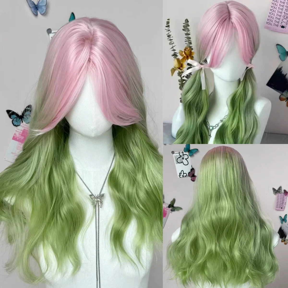 

Ombre Pink Green Wig for Women Manna Temple Kanroji Mitsuri Cos Shaolomei Pink Green Long Curly Hair Wig Female Head Wigs