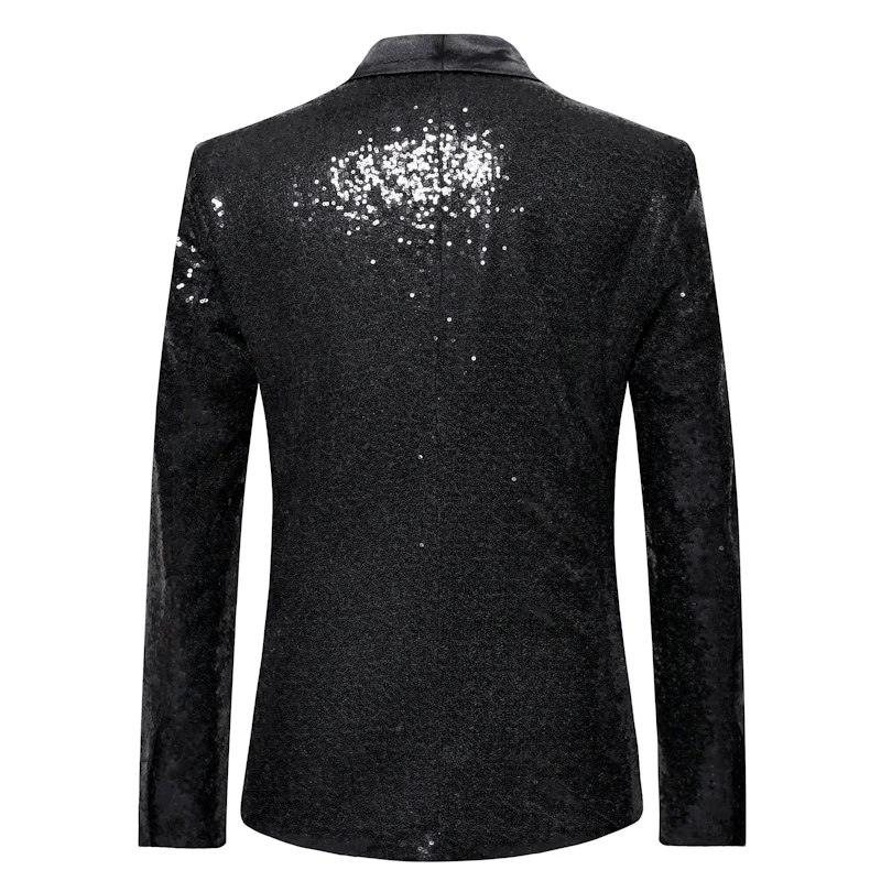 Black Sequin One Button Shawl Collar Suit Jacket Men, Bling Glitter Nightclub Prom DJ Blazer Coats Men Stage Clothes for Singers