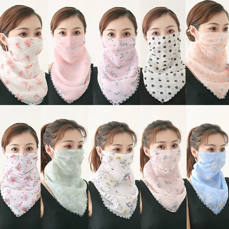 1Pc Women Mask Scarf Sun Protection Mask Outdoor Riding Dustproof Cycling Running Ear Hangers Silk Scarf Handkerchief